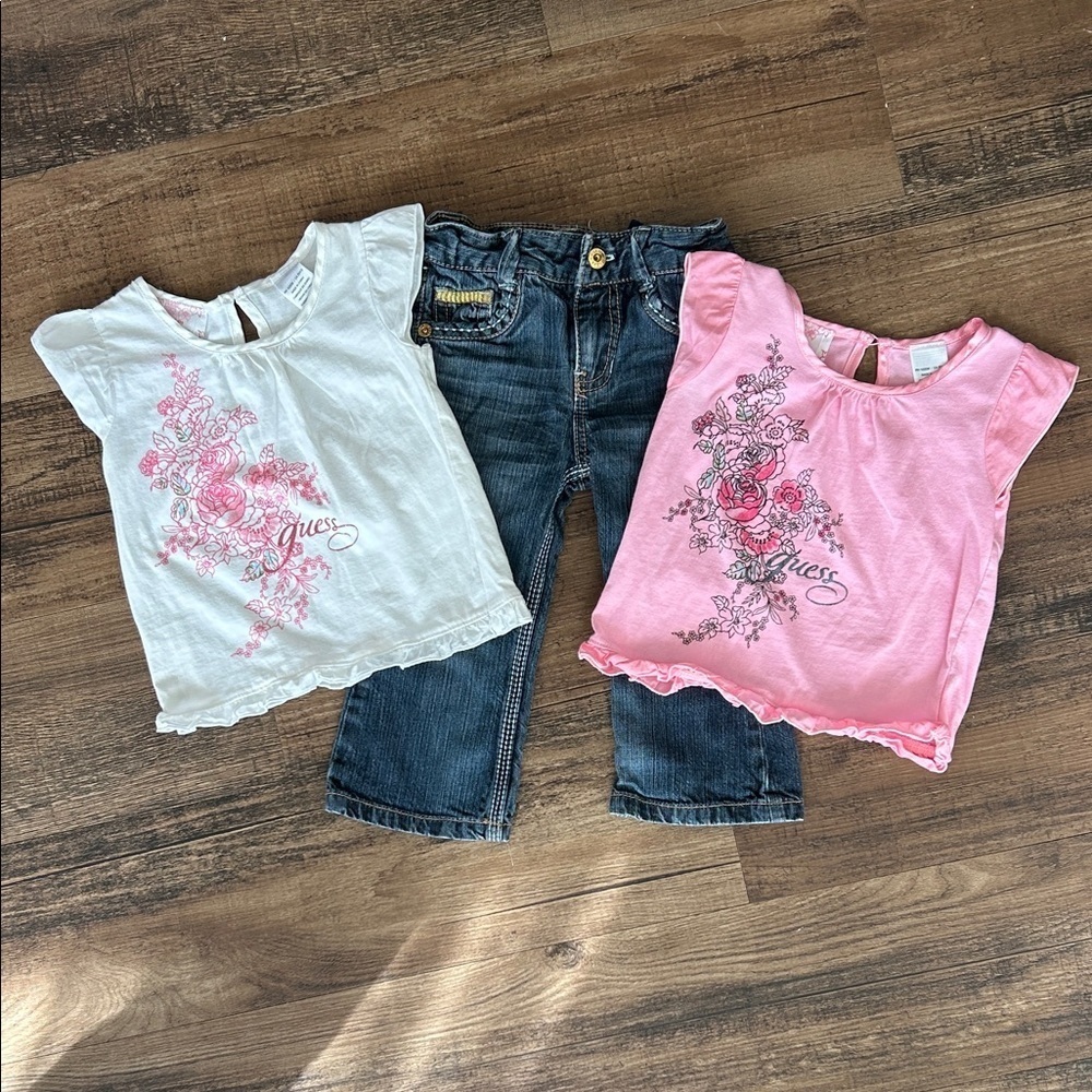 Guess Kids Short Sleeve Tees and jeans bundle- White and Pink Floral